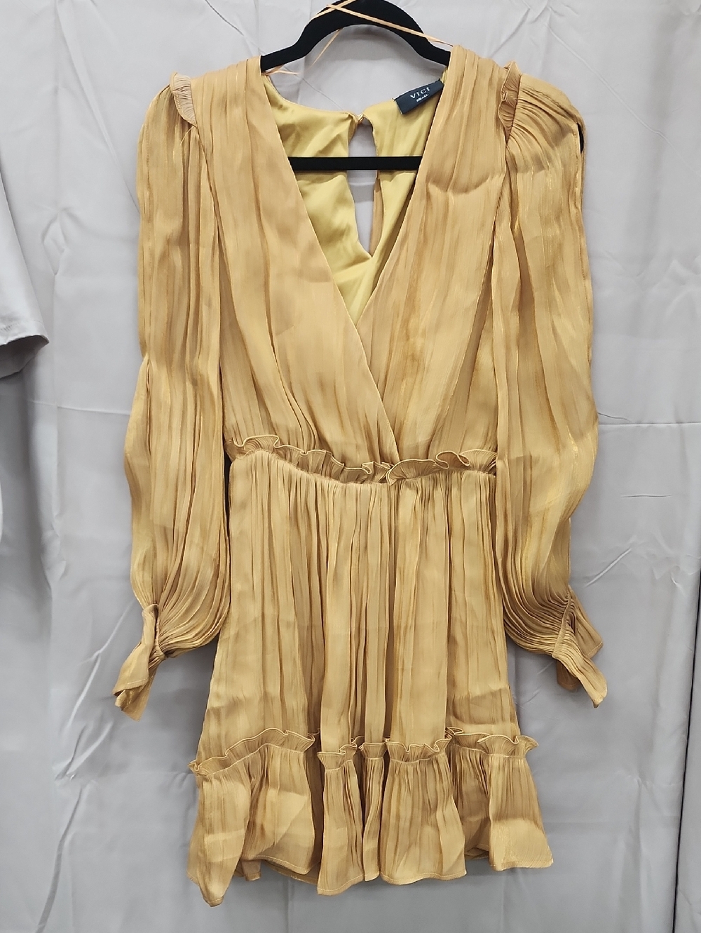 VICI Mustard Yellow Gold Pleated Long-Sleeve Mini Dress